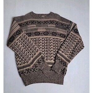 VTG Alvin Josef  Sweater Mens L Brown Black Knit  Leather Patches Crewneck 90s